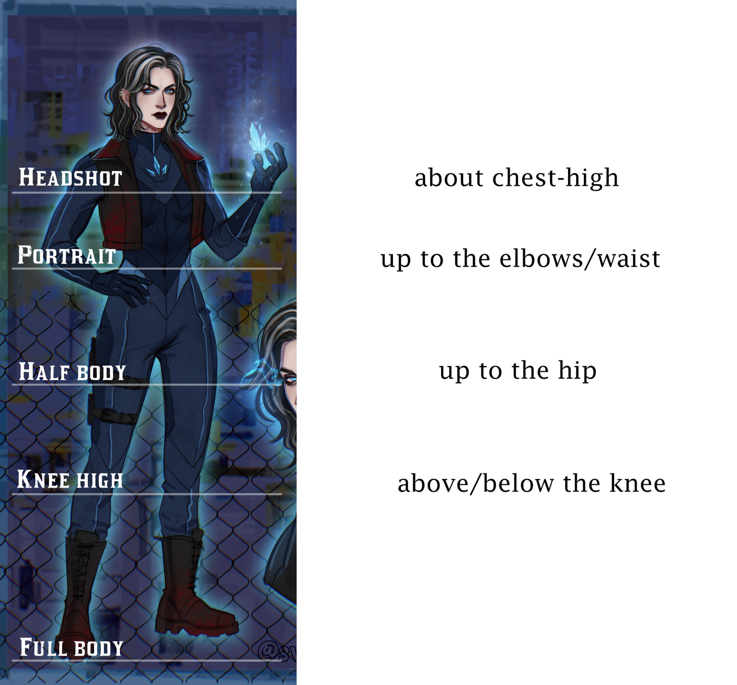 Headshot - about chest-high Portrait - up to the elbows/waist Half body - up to the hip Knee up - above/below the knee Headshot - about chest-high Portrait - up to the elbows/waist Half body - up to the hip Knee up - above/below the knee